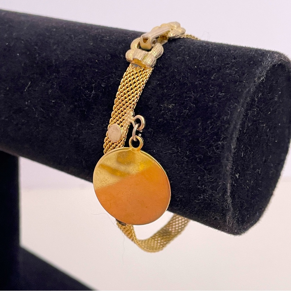 Vintage Metallic Gold Tone Engravable Metal Mesh Retro Initial Charm Bracelet